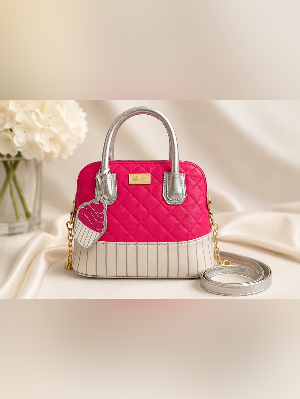 Betsey Johnson Hot Pink Quilted Satchel Cupcake Charm Silver Handless NWOT